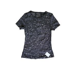 NWT Mangopop Black Sheer Mesh Shimmer Silver‎ Star Metallic Fitted Shirt Size XL